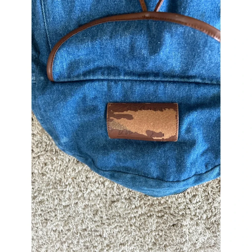 Vintage Denim‎ Backpack Blue Western Aztec Boho Wood Toggle Faux Leather Trim